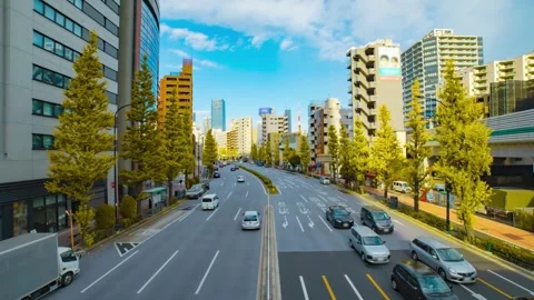 A timelapse of traffic jam at the yellow gingko city street in autumn wide shot Stock Footage 327425421