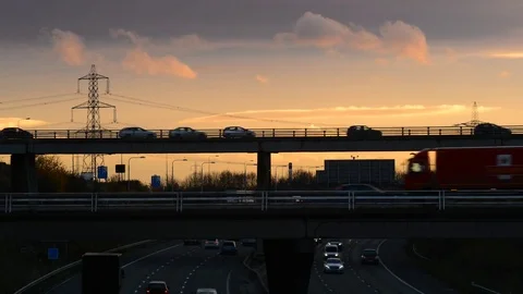 Timelapse traffic on motorway at junction of the m62 and m1 at sunset uk Stock Footage 83159361