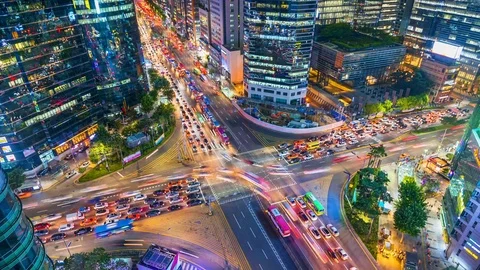 Timelapse Traffic at night in Gangnam City Seoul, South Korea Stock Footage