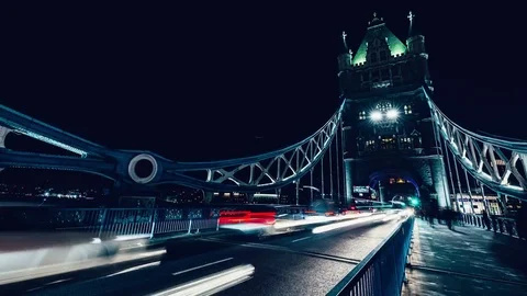 Timelapse of traffic at night on Tower Bridge in London Stock Footage 82723345