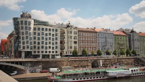 Timelapse of traffic passing the Dancing House, Prague Stock Footage 93037381