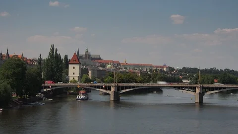 Timelapse of Traffic Passing over Jiraskuv Bridge below the Prague Castle Stock Footage 93110403