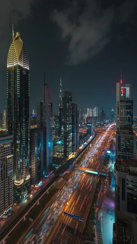 Timelapse of Traffic on Sheikh Zayed Road at Night in Dubai, UAE Stock Footage 285877766