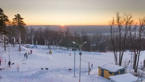 TIMELAPSE: Training base of skiers against the background of the rising sun. Stock Footage 84426003