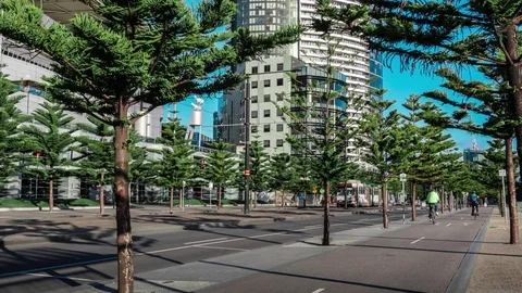 Timelapse, Tram on Harbour Esplanade, Docklands, Melbourne, Australia Stock Footage 84037759