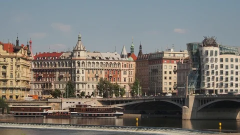 Timelapse of Trams and Traffic in front to the Dancing House Stock Footage 93111217