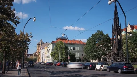Timelapse of trams and traffic passing Krannerova kasna Stock Footage 93232799