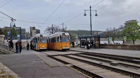 Timelapse of trams crossing at a station in Budapest, Hungary. 31 March 2024. Stock Footage 296479859