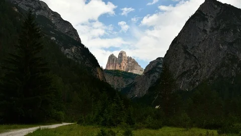 Timelapse of Tre Cime di Lavaredo mountain group or Drei Zinnen Stock Footage 113807651