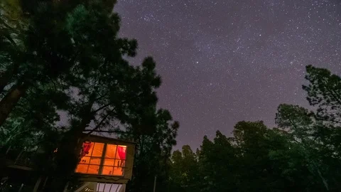 Timelapse tree house night sky stars Video stock 101050867