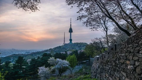 Timelapse Twilight Seoul Tower in Spring at south korea Stock Footage 106945690