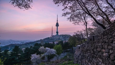 Timelapse Twilight Seoul Tower in Spring at south korea Stock Footage 106946118