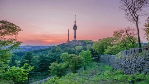 Timelapse: Twilight at Seoul Tower in Spring, South Korea Stock Footage 277032819