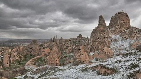 Timelapse of Uchisar Castle in Cappadocia under the snow, Turkey Stock Footage 61787747