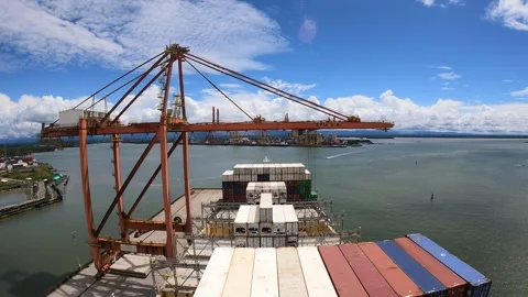 Timelapse of ultra large container ship CMA CGM cargo operation by gantry crane Stock Footage 242624147