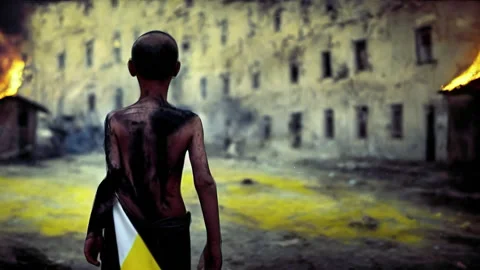 Timelapse of Underprivileged Poor Ukrainian Child Looking Sad at destruction of Video stock 224048437