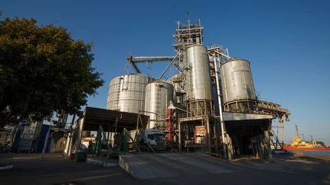 Timelapse of unloading grain trucks at elevator on elevating hydraulic platform Stock Footage 90345185