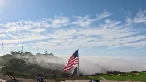 Timelapse of US and POW Flags in Wind and Fog at Mt Soledad Stock Footage 327510352