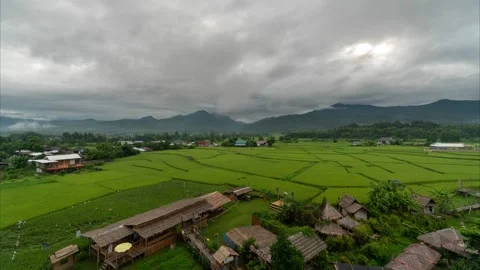 Timelapse of valley surrounded by mountains and covered with dense ground fog  Stock Footage 146023169