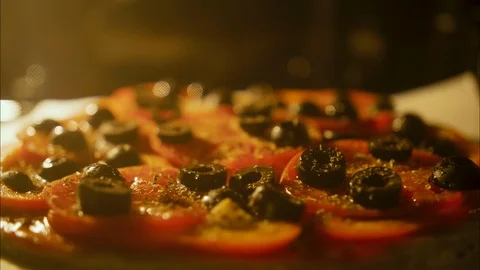 Timelapse of vegetarian Pizza baking full heated Oven Stock Footage 113554359