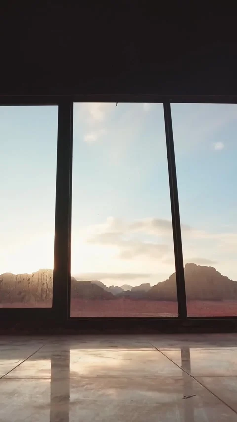 Timelapse vertical view Wadi Rum Jordan sunrise through panoramic window de.. Stock Footage 328715794