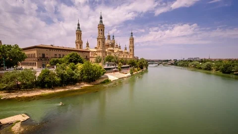 Timelapse Video of Basilica de Nuestra Senora del Pilar and Ebro River Stock Footage 81009291