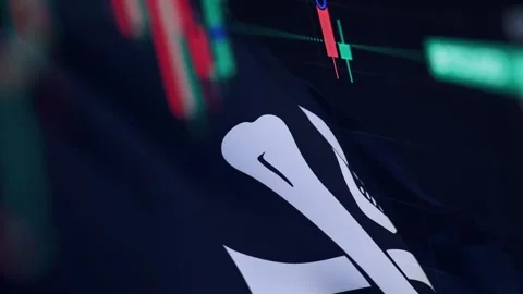 Timelapse Video of Candlesticks Blended with Waving Jolly Roger Pirate Flag Stock Footage 344773234