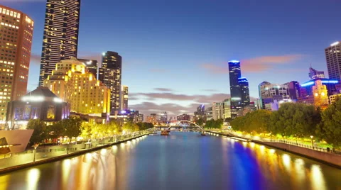 Timelapse video of Melbourne from sunset to night, zooming in Stock Footage 46324843