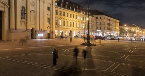 Timelapse video with people traffic at Odeonsplatz at night, Munich, Germany Stock Footage 103473666