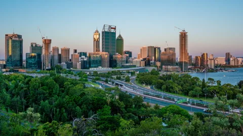 Timelapse video of Perth city and highway traffic in Australia from day to night Stock Footage 310584773