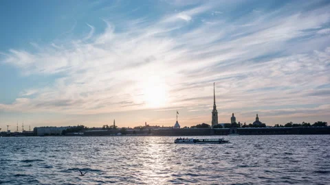 Timelapse video of Peter and Paul fortress in white nights time, boats and Stock Footage 139847151