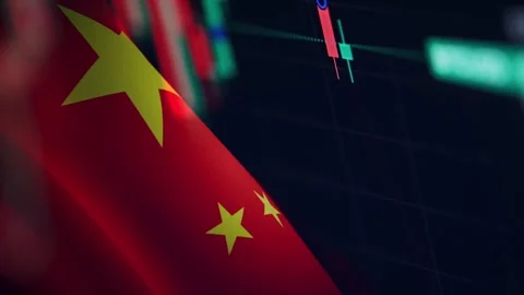 Timelapse Video of Stock Market Candlesticks Blended with Waving Chinese Flag Stock Footage 344786853