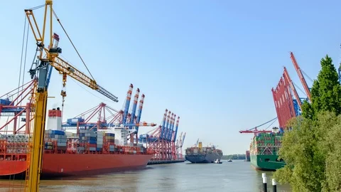 Timelapse video Unloading large cargo ferries with sea containers at the Hamburg 스톡 동영상 118619331