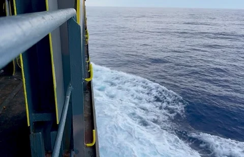 Timelapse View Along Ship Side With Wake and Calm Ocean Waters Stock Footage 336590684