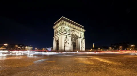A Timelapse View on Arc de Triomph monument in Paris in France by Night Stock Footage 58451297