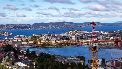 Timelapse View of Bergen's Skyline and Active Construction Site Stock Footage 308198339