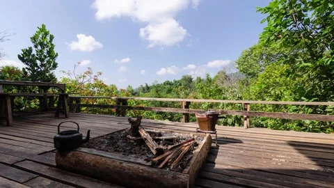 Timelapse view to the campfire terrace with view of natural mountain range Stock Footage 236080537