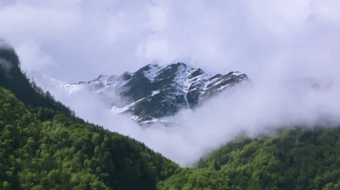 Timelapse view, Clouds, trees and snow-capped mountains Vídeo Stock 49929416