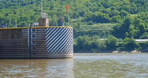 Timelapse View of Coal Barge Exiting Lock and Dam on Ohio River Stock Footage 91053699