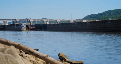Timelapse View of Coal Barge Exiting Lock and Dam on Ohio River Stock Footage 91053770