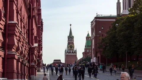 Timelapse View of Crowded Red Square With Kremlin Tower Clock Stock Footage 118142087