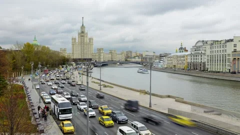 Timelapse View of the Moscow River, Highway and Stalin's high-rise building Stock Footage 252216326