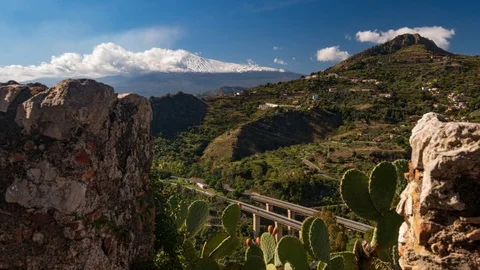 Timelapse view of Mount Etna with snow with prickly pears in the foreground Stock Footage 120289941