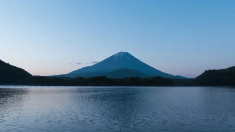 Timelapse view of Mount Fuji at sunrise from lake Shoji, Yamanashi Prefecture Stock Footage 155664892