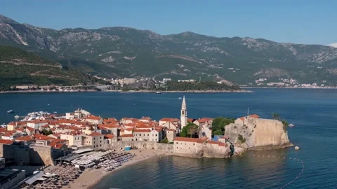 Timelapse, view to the old city Budva at Adriatic sea coastline in Montenegro Stock Footage 134539043