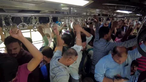 Timelapse view of people standing inside local train. Railway Station. 4K Stock Footage 252709421