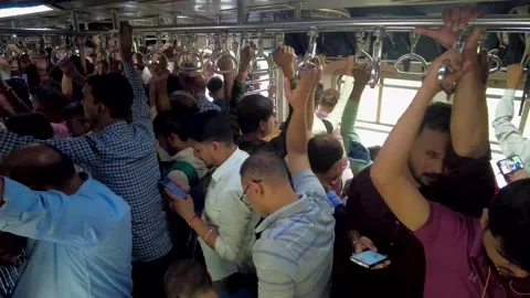Timelapse view of people standing inside local train. Railway Station. 4K Stock Footage 252709424