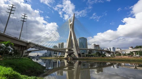 Timelapse View of Ponte Estaiada Bridge in Sao Paulo, Brazil - Zoom In Stock Footage