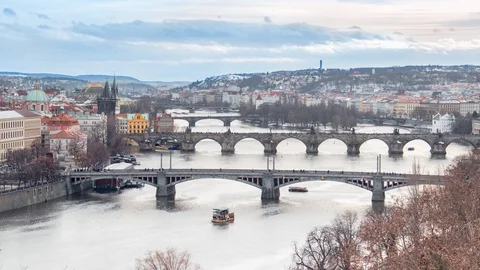 Timelapse view of Prague with the river Vltava and Charles Bridge. Stock Footage 102985118