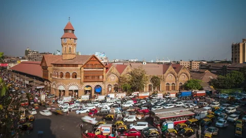 Timelapse View of Rush Hour Traffic Outside Crawford Market in Mumbai, India Stock Footage 143640204